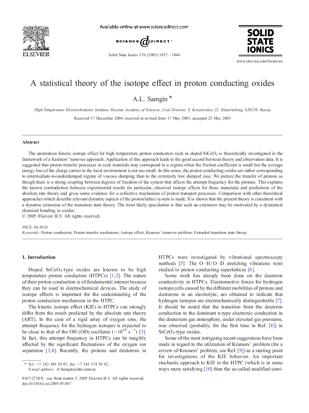 A statistical theory of the isotope effect in proton conducting oxides