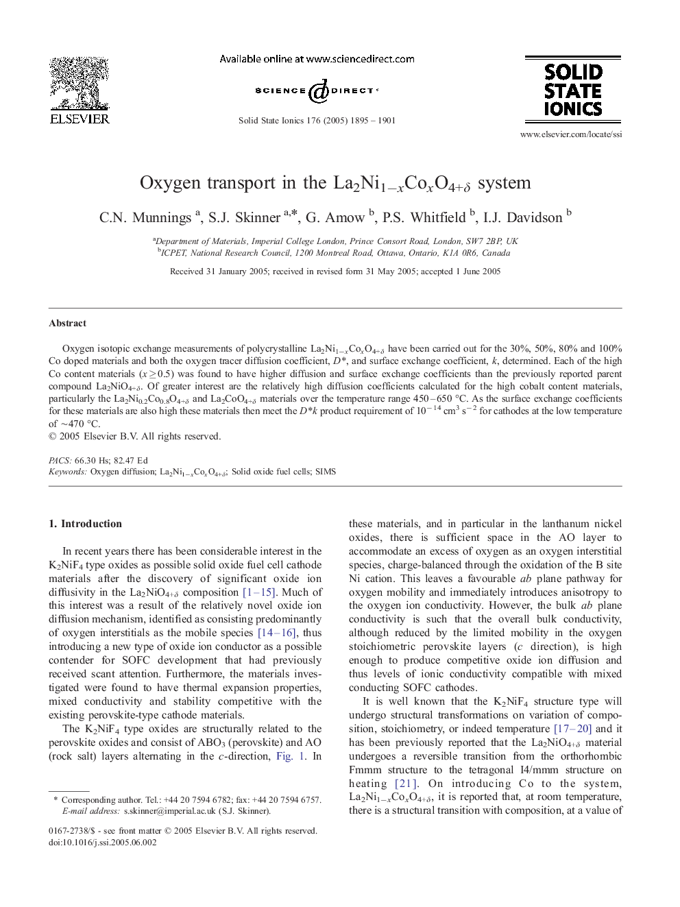Oxygen transport in the La2Ni1âxCoxO4+Î´ system