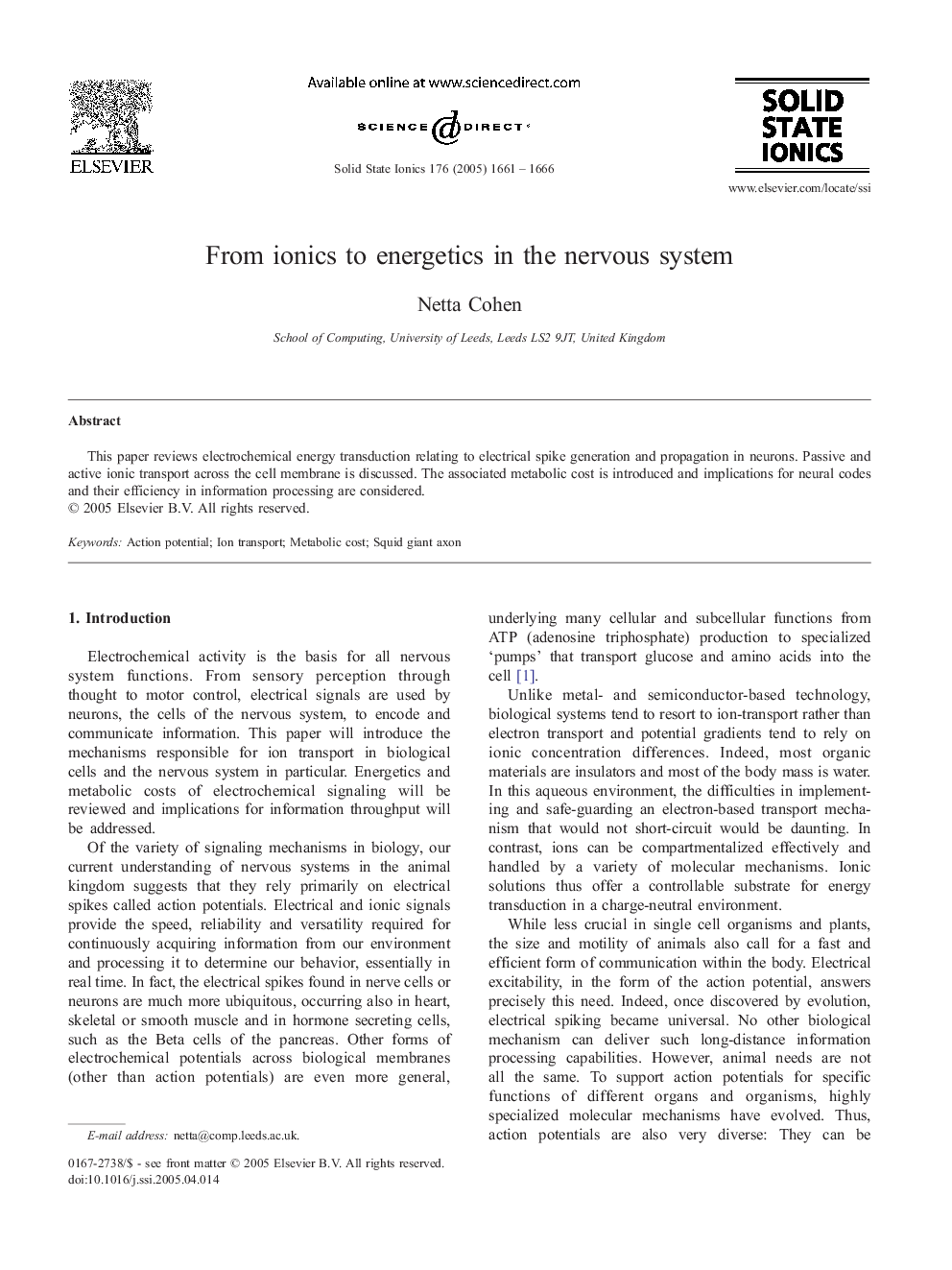 From ionics to energetics in the nervous system