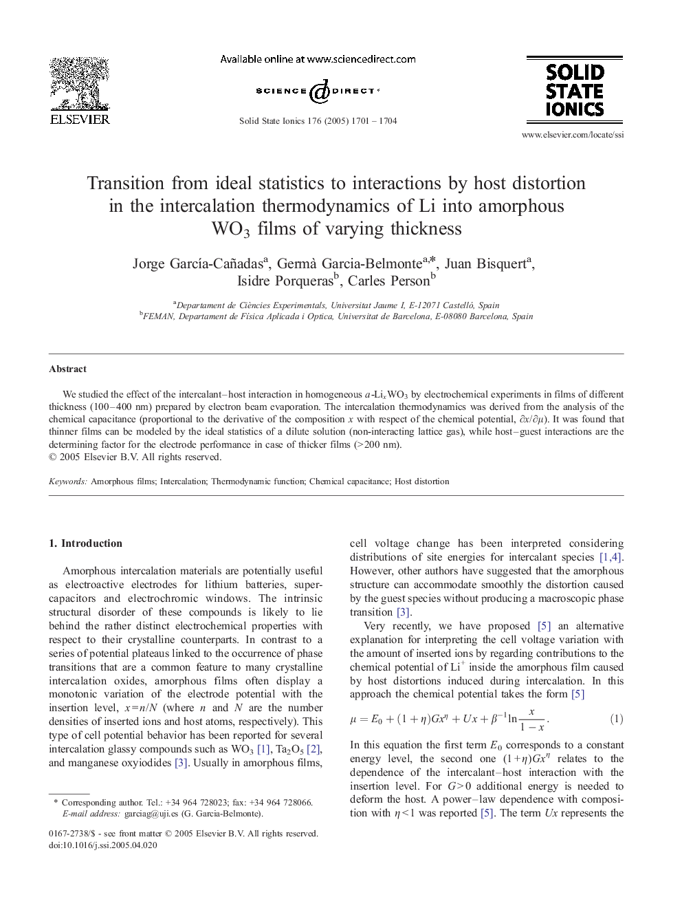 Transition from ideal statistics to interactions by host distortion in the intercalation thermodynamics of Li into amorphous WO3 films of varying thickness