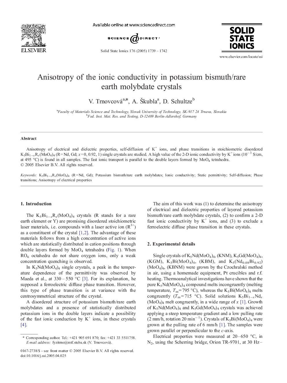 Anisotropy of the ionic conductivity in potassium bismuth/rare earth molybdate crystals