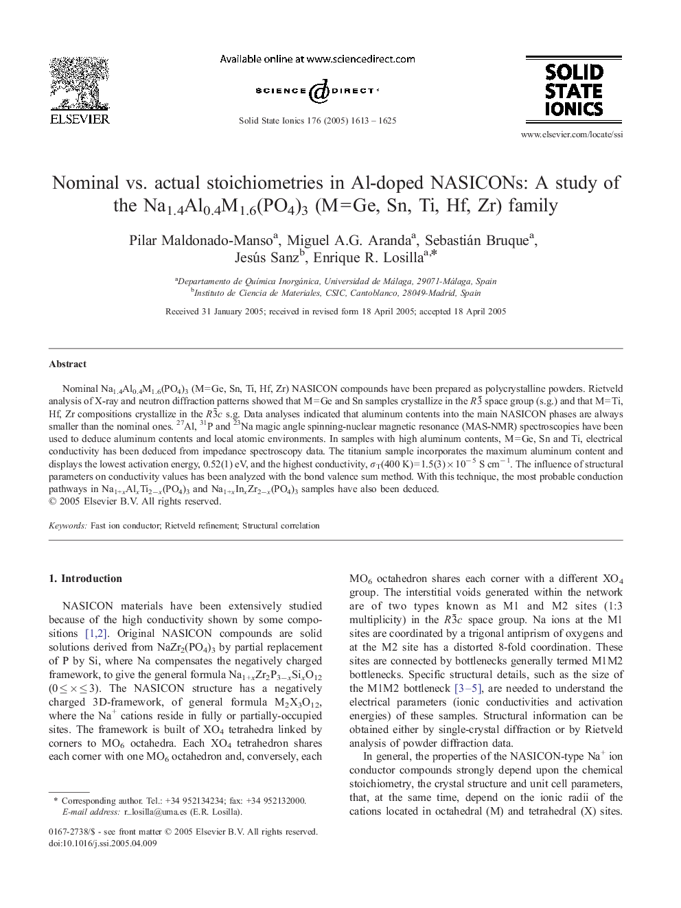 Nominal vs. actual stoichiometries in Al-doped NASICONs: A study of the Na1.4Al0.4M1.6(PO4)3 (MÂ =Â Ge, Sn, Ti, Hf, Zr) family