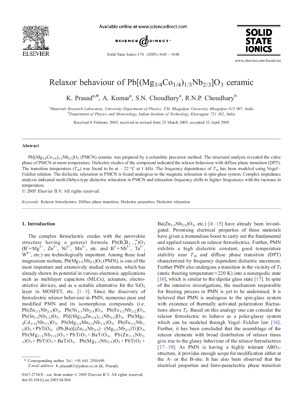 Relaxor behaviour of Pb[(Mg3/4Co1/4)1/3Nb2/3]O3 ceramic