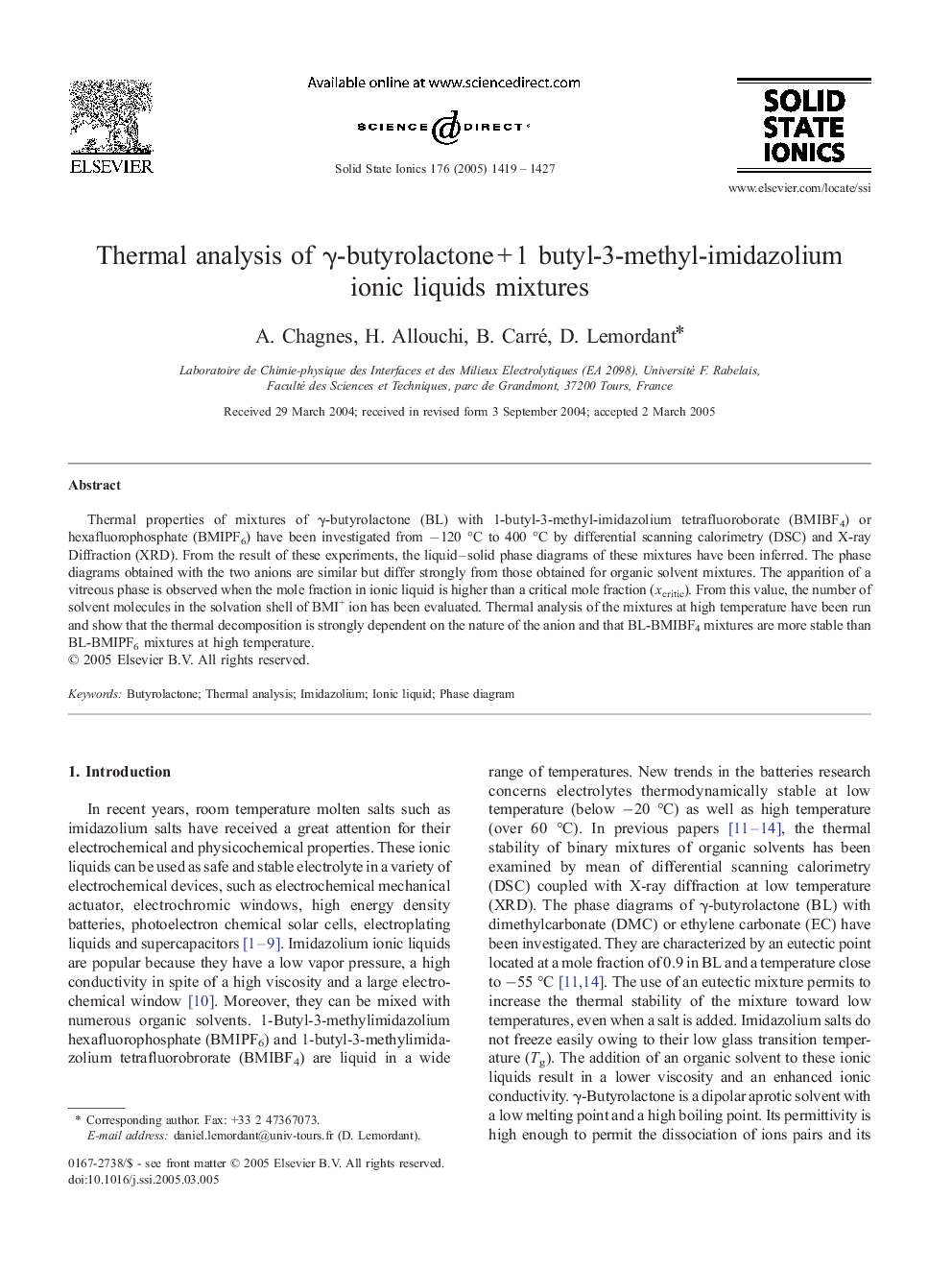 Thermal analysis of Î³-butyrolactoneÂ +Â 1 butyl-3-methyl-imidazolium ionic liquids mixtures