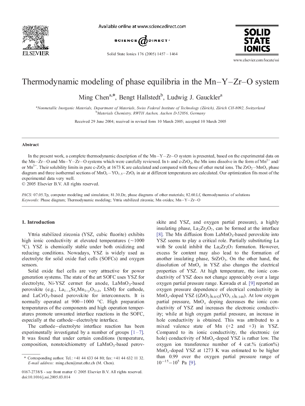 Thermodynamic modeling of phase equilibria in the Mn-Y-Zr-O system