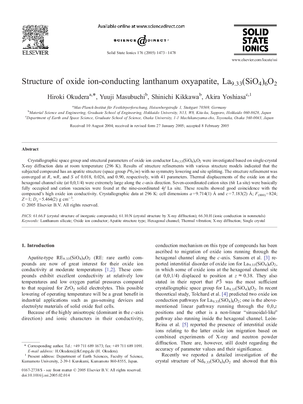 Structure of oxide ion-conducting lanthanum oxyapatite, La9.33(SiO4)6O2