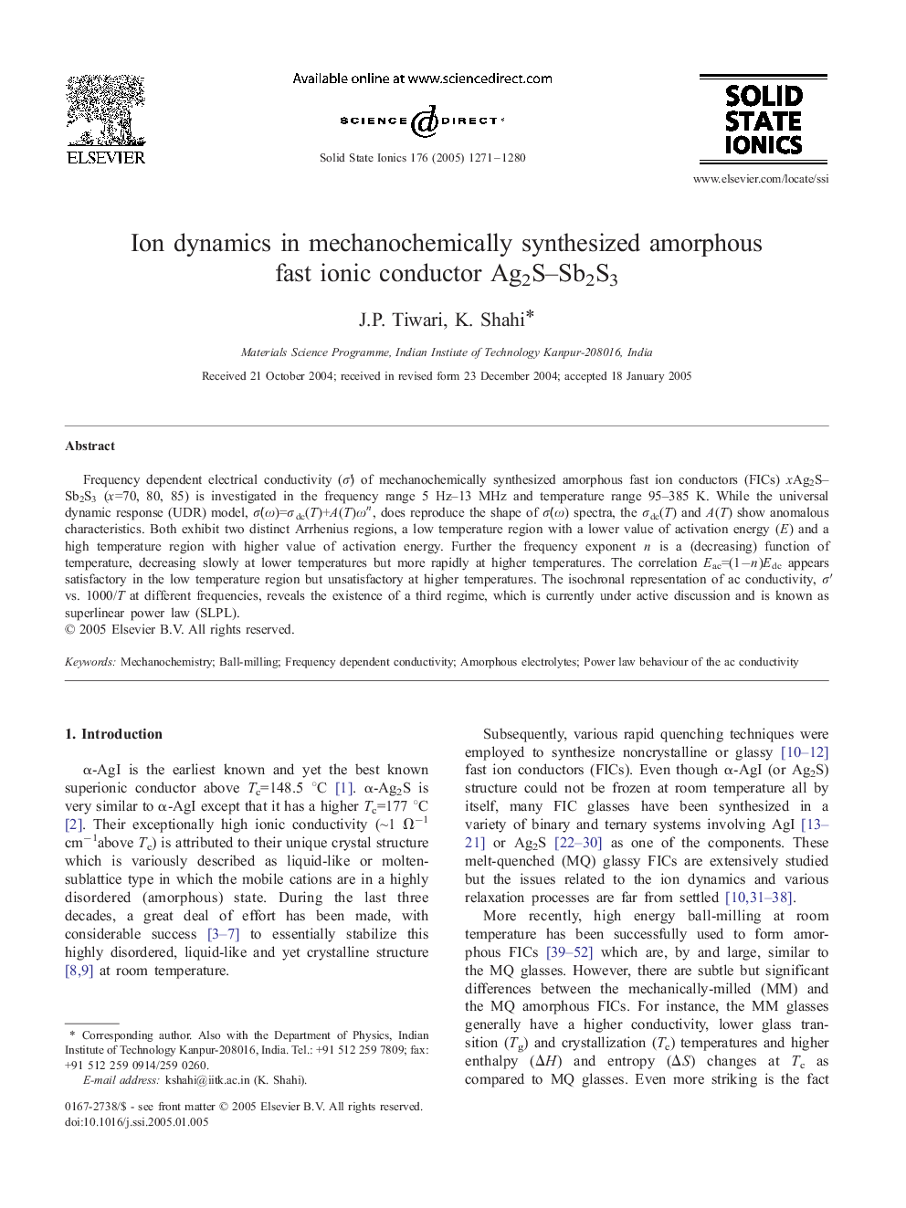 Ion dynamics in mechanochemically synthesized amorphous fast ionic conductor Ag2S-Sb2S3