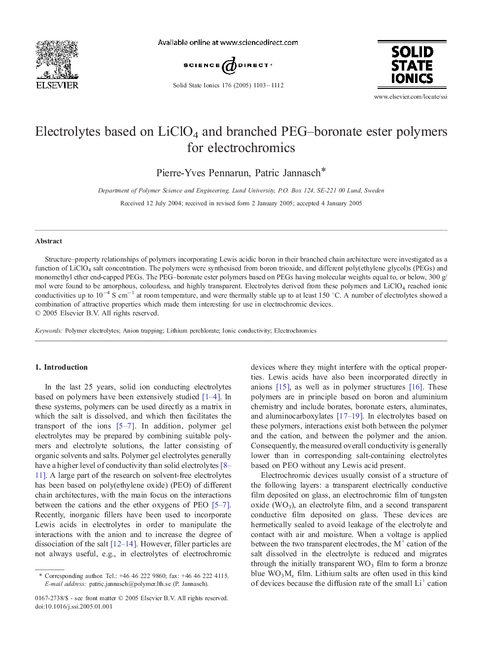 Electrolytes based on LiClO4 and branched PEG-boronate ester polymers for electrochromics