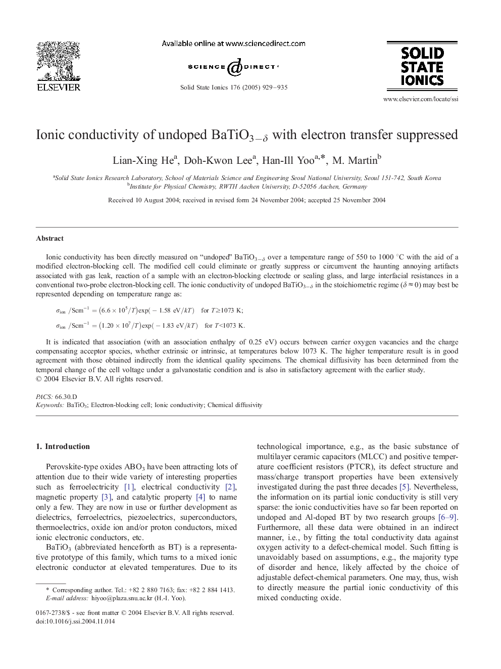 Ionic conductivity of undoped BaTiO3âÎ´ with electron transfer suppressed