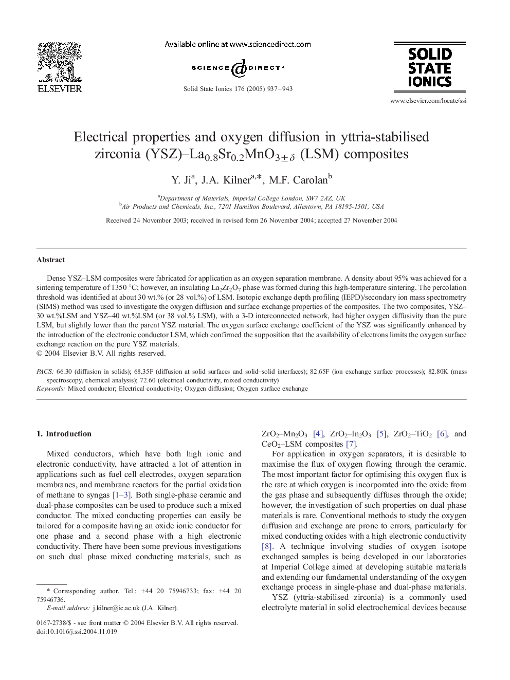 Electrical properties and oxygen diffusion in yttria-stabilised zirconia (YSZ)-La0.8Sr0.2MnO3Â±Î´ (LSM) composites