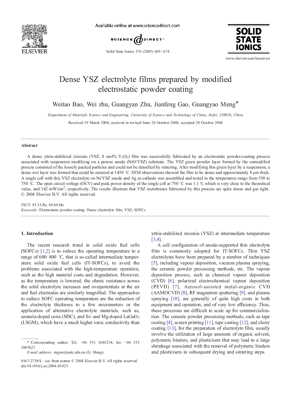 Dense YSZ electrolyte films prepared by modified electrostatic powder coating