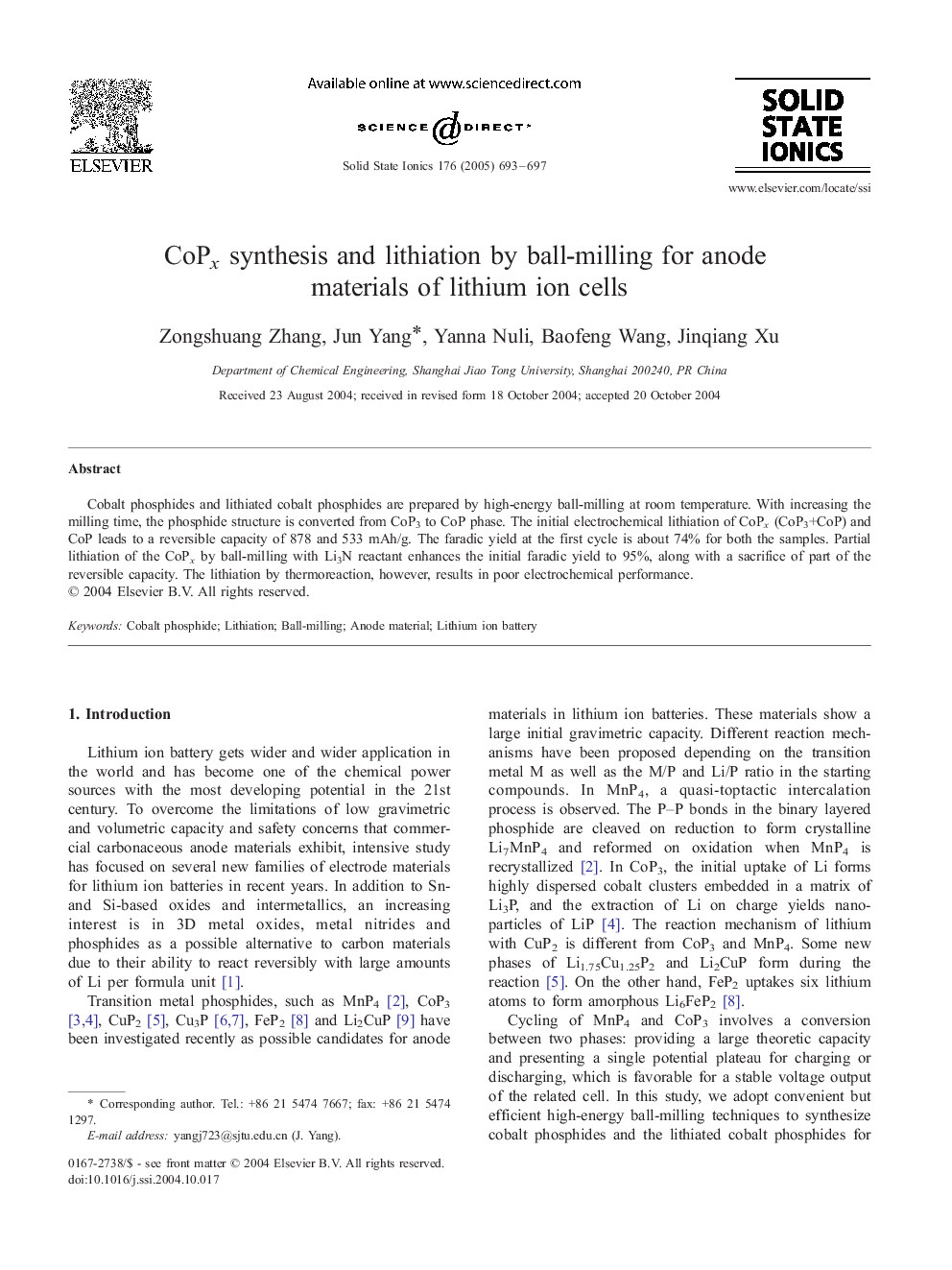 CoPx synthesis and lithiation by ball-milling for anode materials of lithium ion cells