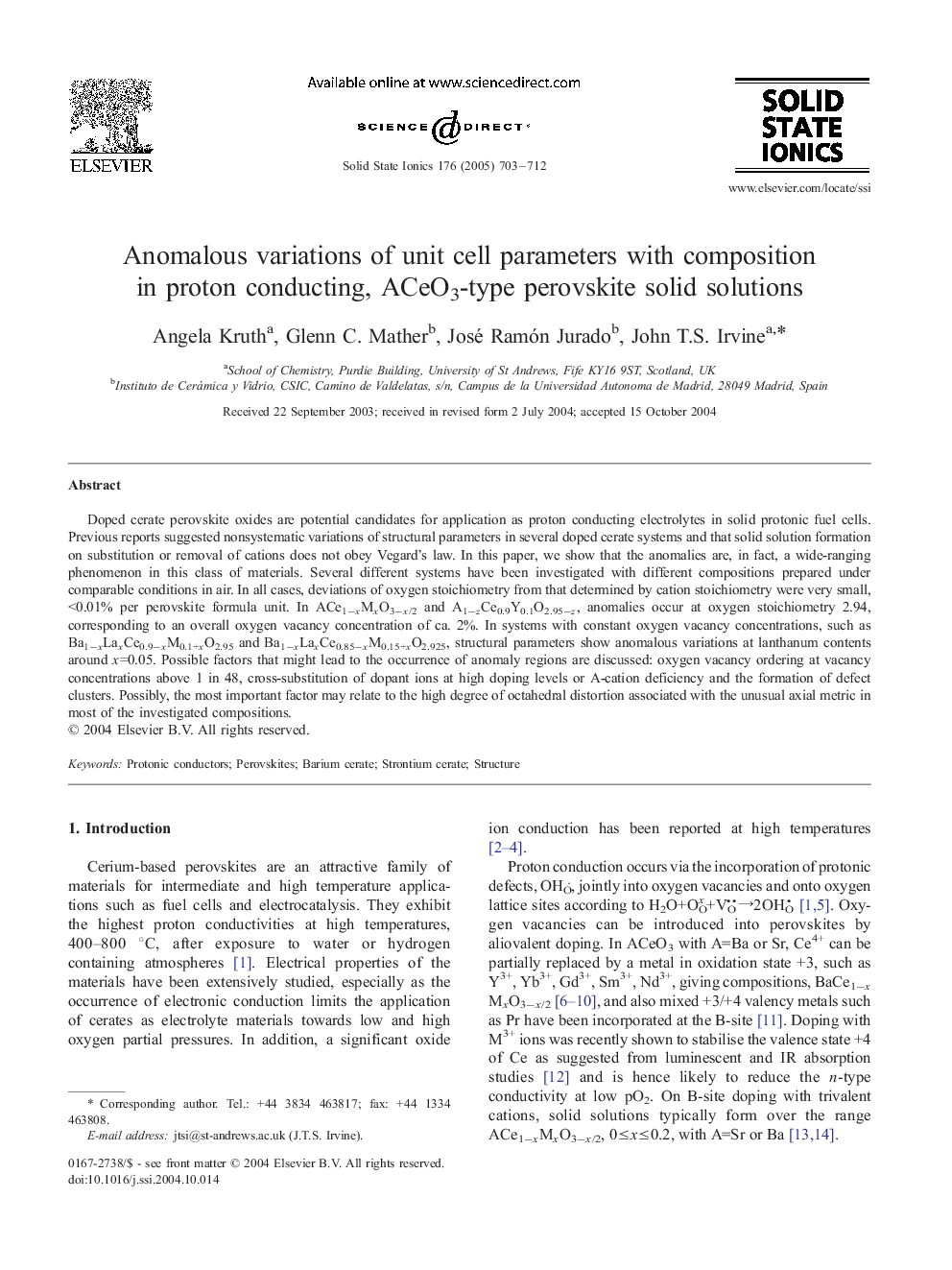 Anomalous variations of unit cell parameters with composition in proton conducting, ACeO3-type perovskite solid solutions