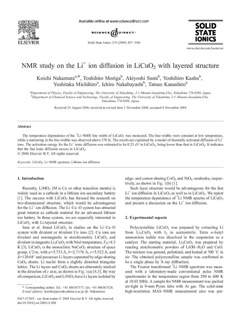 NMR study on the Li+ ion diffusion in LiCuO2 with layered structure