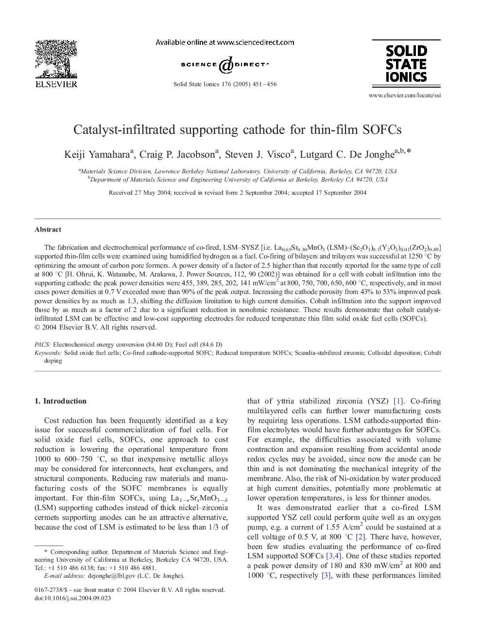 عکس صفحه اول مقاله: Catalyst-infiltrated supporting cathode for thin-film SOFCs Catalyst-infiltrated supporting cathode for thin-film SOFCs