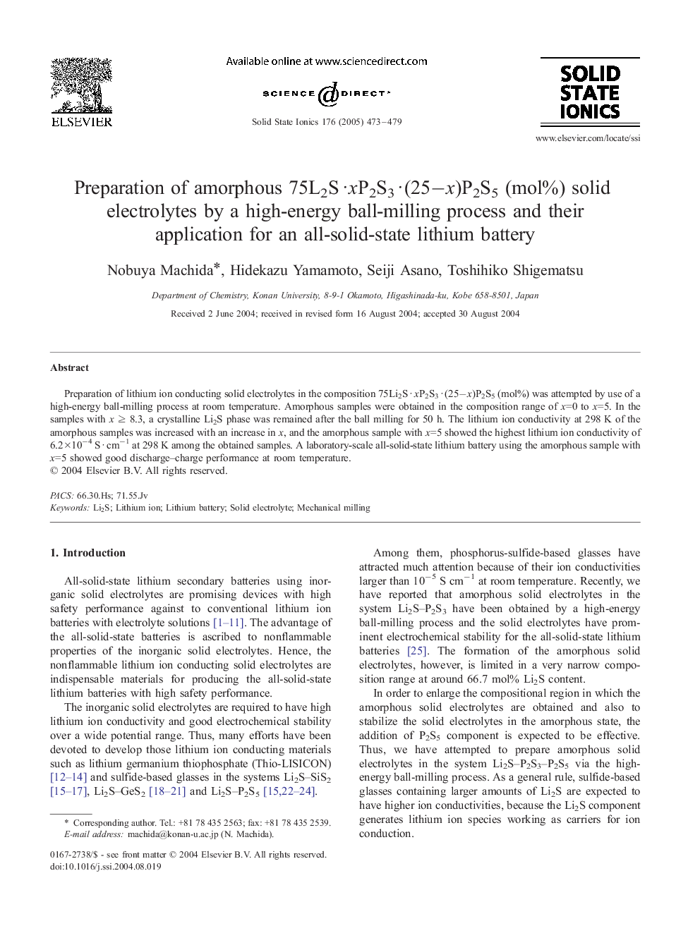 Preparation of amorphous 75L2SÂ·xP2S3Â·(25âx)P2S5 (mol%) solid electrolytes by a high-energy ball-milling process and their application for an all-solid-state lithium battery