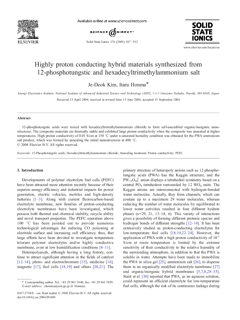 Highly proton conducting hybrid materials synthesized from 12-phosphotungstic and hexadecyltrimethylammonium salt