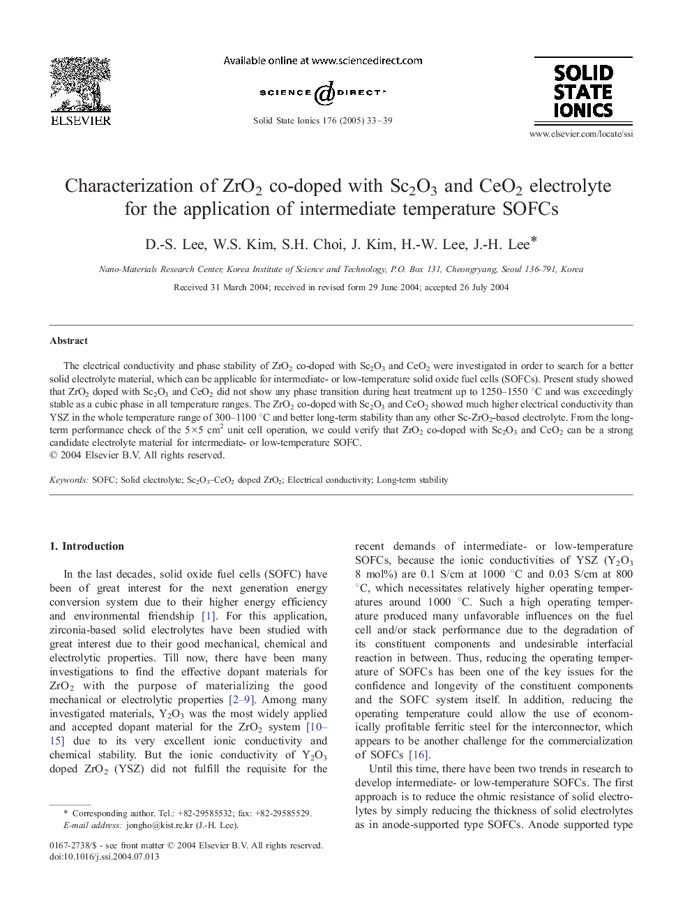 Characterization of ZrO2 co-doped with Sc2O3 and CeO2 electrolyte for the application of intermediate temperature SOFCs