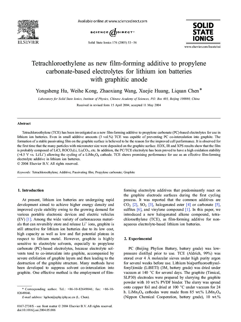 Tetrachloroethylene as new film-forming additive to propylene carbonate-based electrolytes for lithium ion batteries with graphitic anode