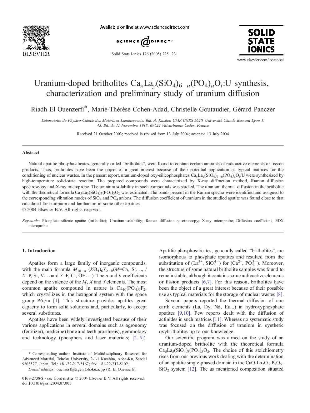 Uranium-doped britholites CaxLay(SiO4)6âu(PO4)uOt:U synthesis, characterization and preliminary study of uranium diffusion