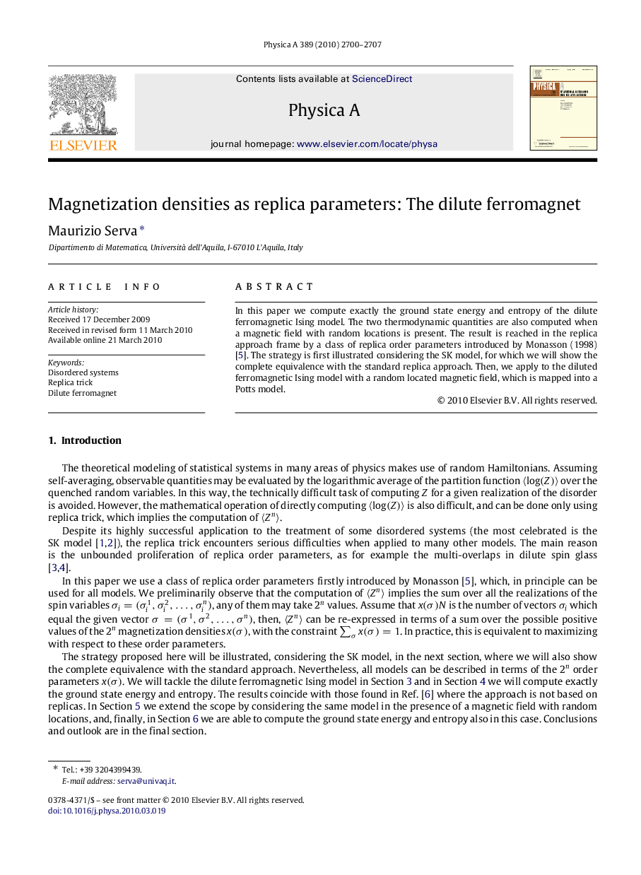 Magnetization densities as replica parameters: The dilute ferromagnet