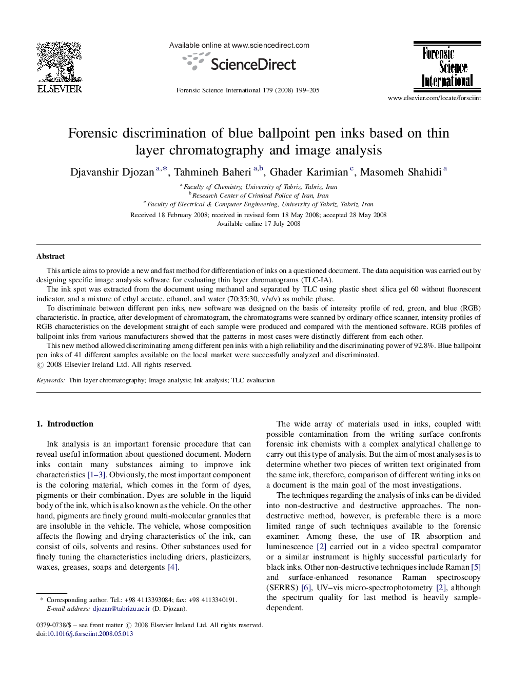 Forensic discrimination of blue ballpoint pen inks based on thin layer chromatography and image analysis