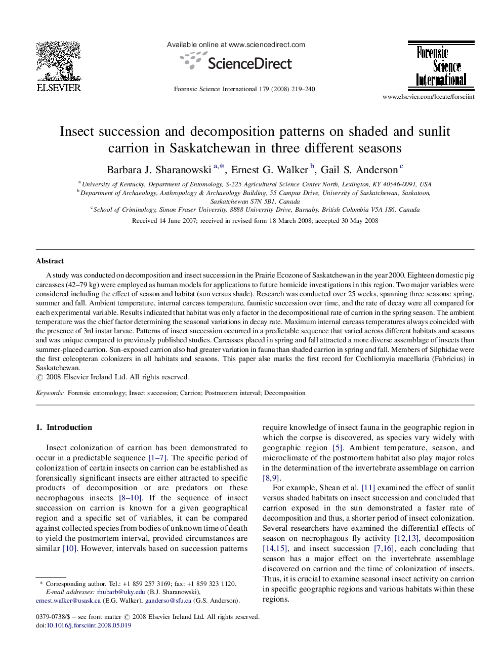 Insect succession and decomposition patterns on shaded and sunlit carrion in Saskatchewan in three different seasons