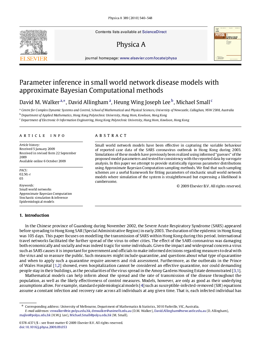 Parameter inference in small world network disease models with approximate Bayesian Computational methods