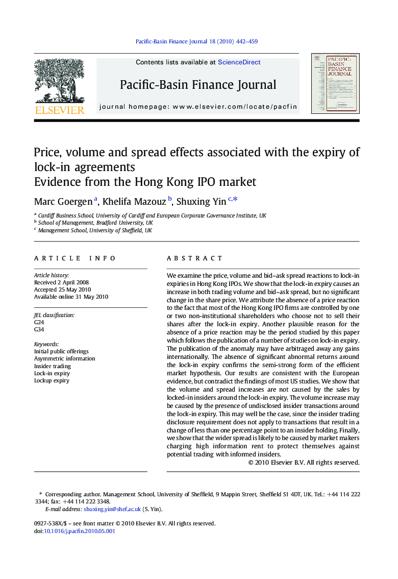 عکس صفحه اول مقاله: Price, volume and spread effects associated with the expiry of lock-in agreements: Evidence from the Hong Kong IPO market Price, volume and spread effects associated with the expiry of lock-in agreements: Evidence from the Hong Kong IPO market