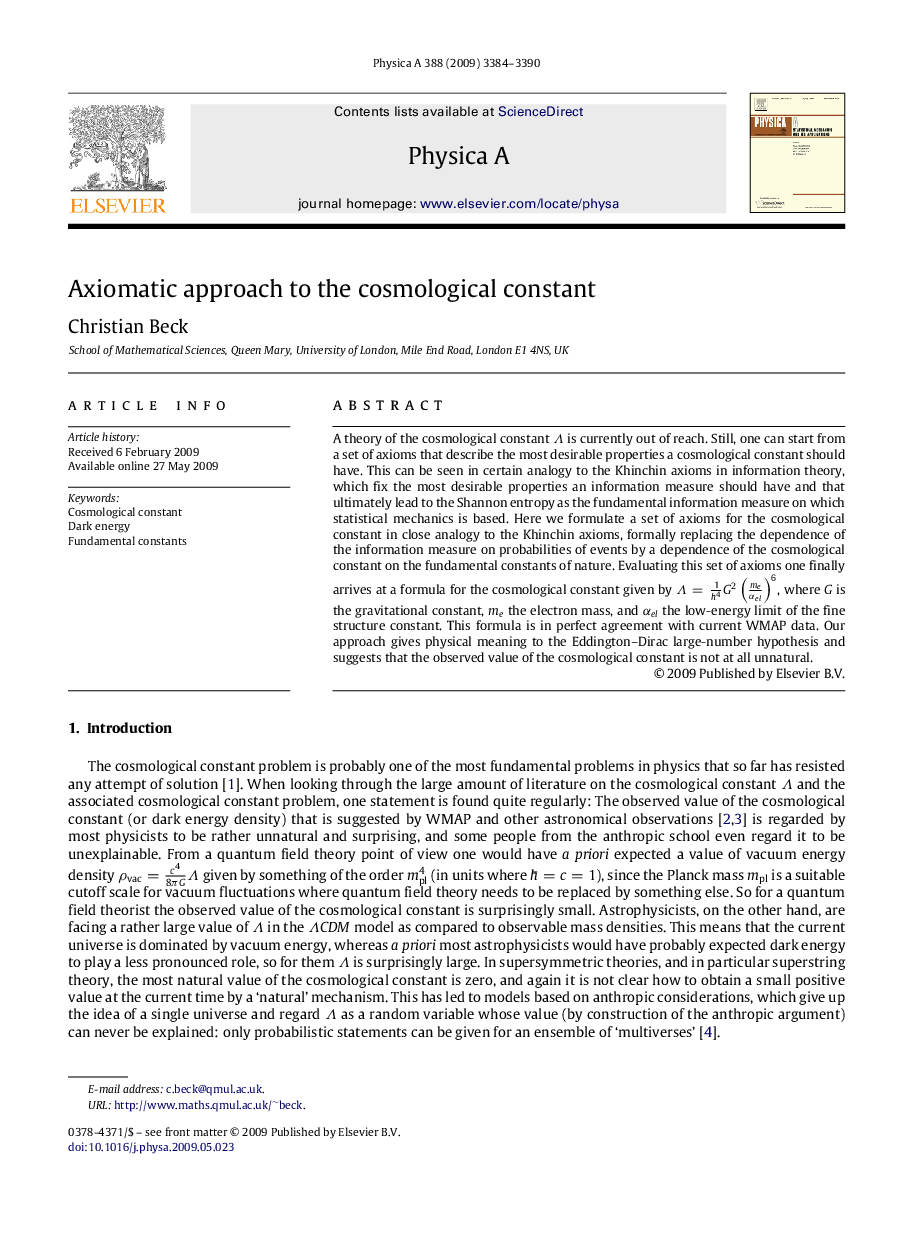 Axiomatic approach to the cosmological constant