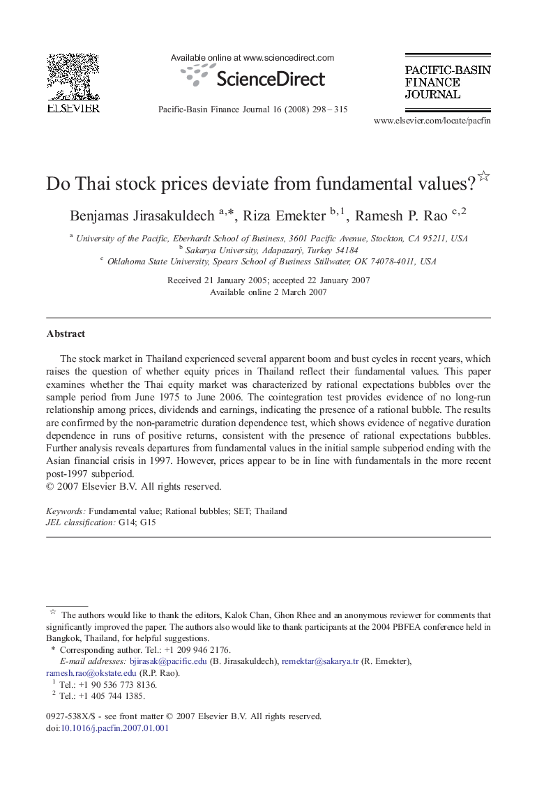 Do Thai stock prices deviate from fundamental values? 