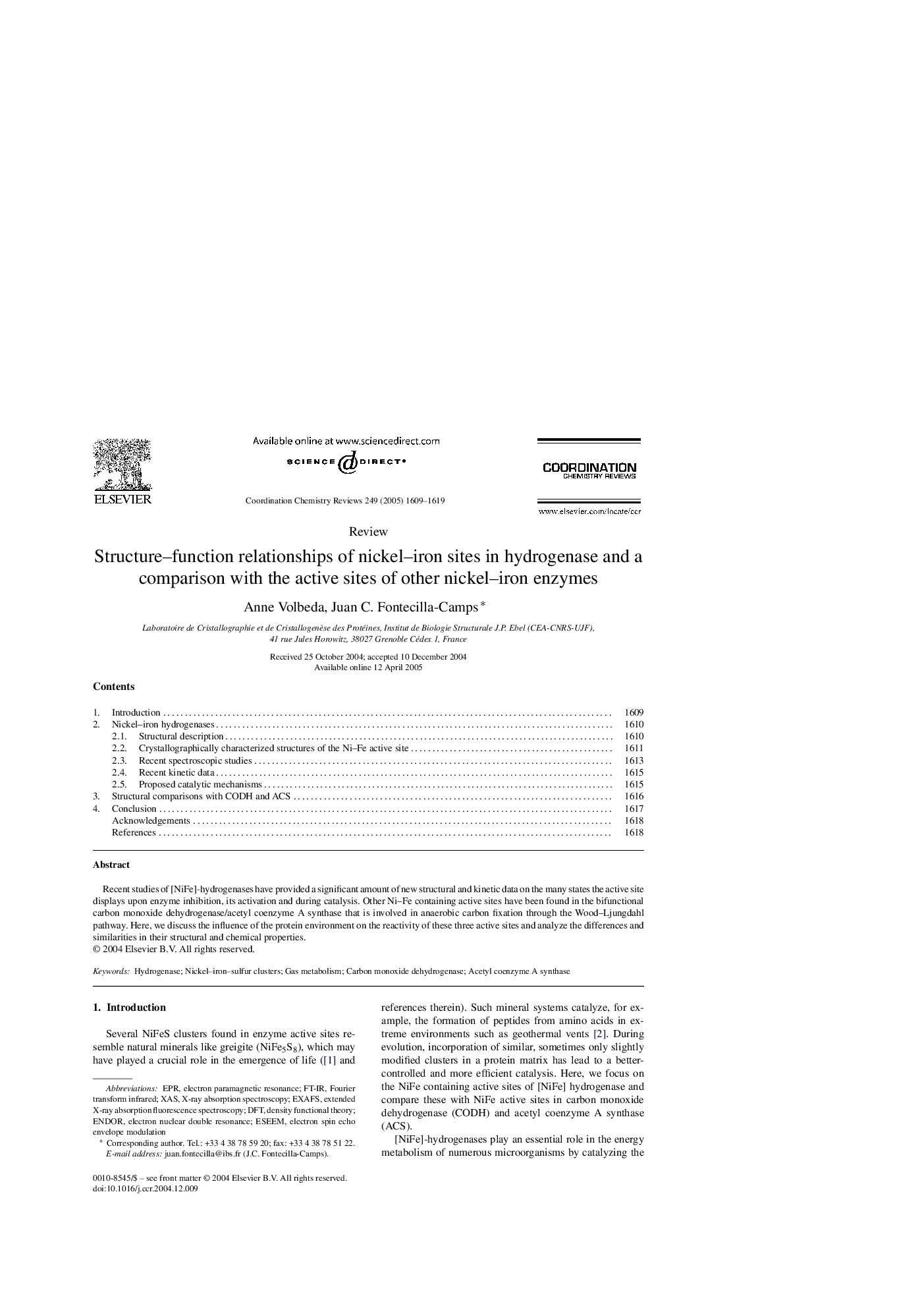 Structure-function relationships of nickel-iron sites in hydrogenase and a comparison with the active sites of other nickel-iron enzymes