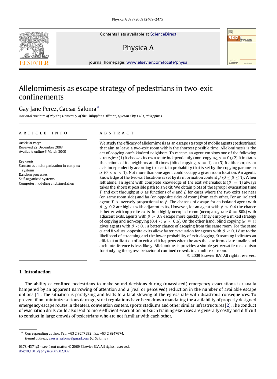 Allelomimesis as escape strategy of pedestrians in two-exit confinements