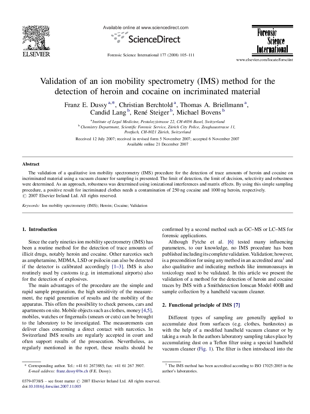 Validation of an ion mobility spectrometry (IMS) method for the detection of heroin and cocaine on incriminated material