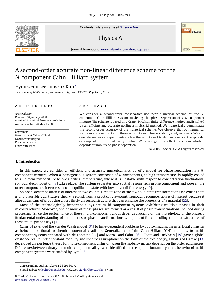 A second-order accurate non-linear difference scheme for the N -component Cahn–Hilliard system