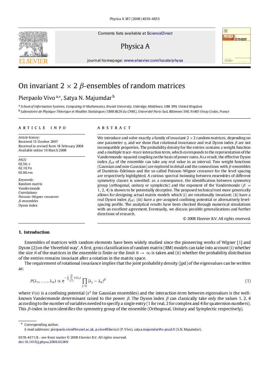 On invariant 2×2 β -ensembles of random matrices