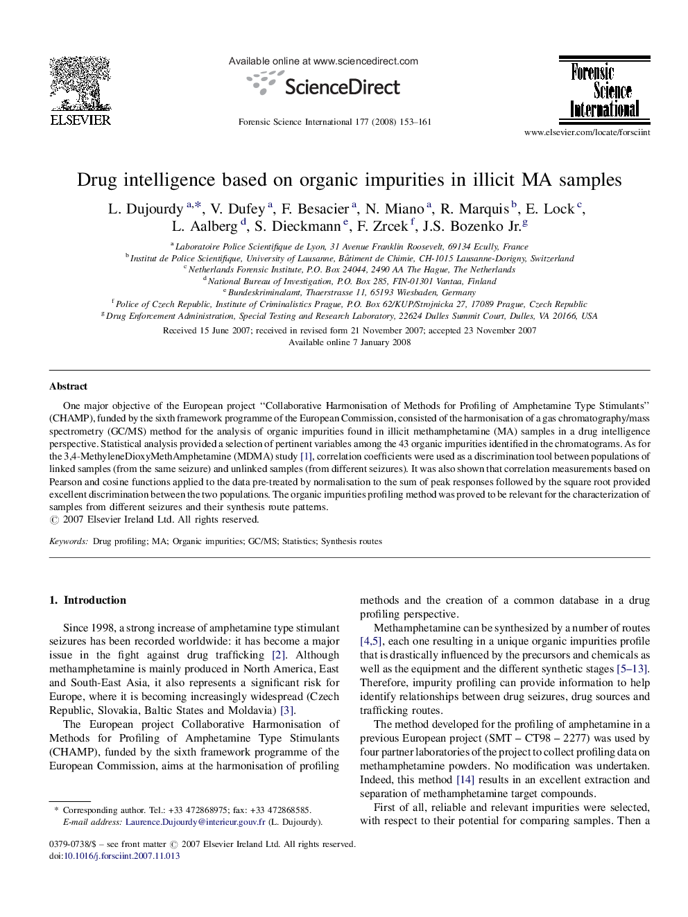 Drug intelligence based on organic impurities in illicit MA samples