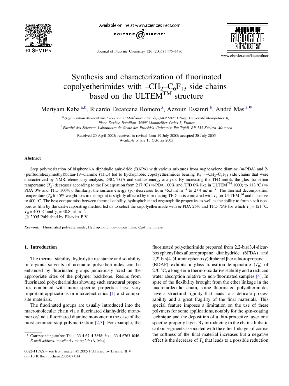 Synthesis and characterization of fluorinated copolyetherimides with CH2C6F13 side chains based on the ULTEMâ¢ structure