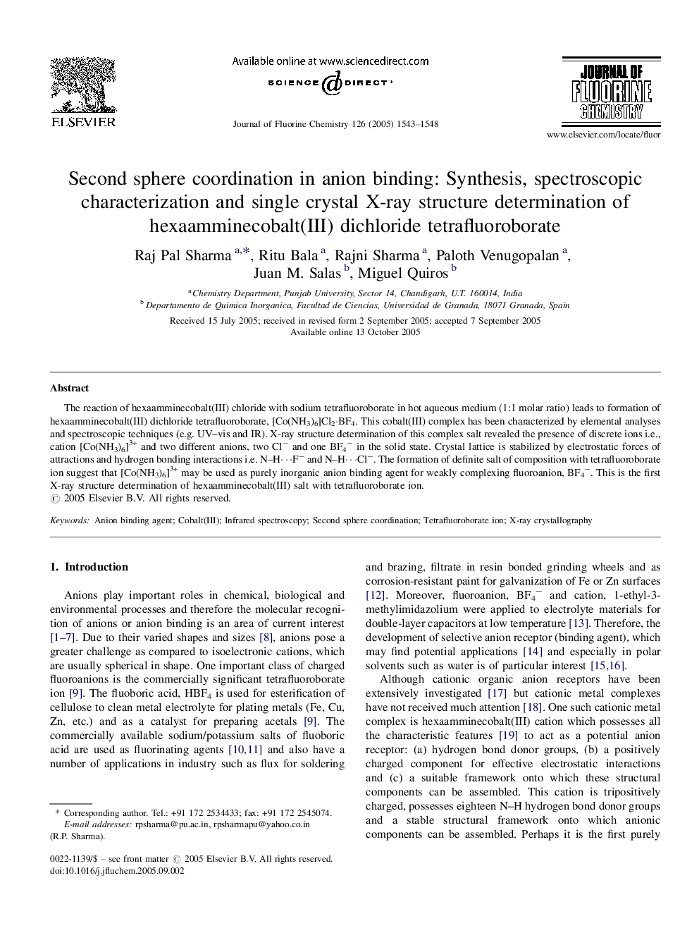 Second sphere coordination in anion binding: Synthesis, spectroscopic characterization and single crystal X-ray structure determination of hexaamminecobalt(III) dichloride tetrafluoroborate