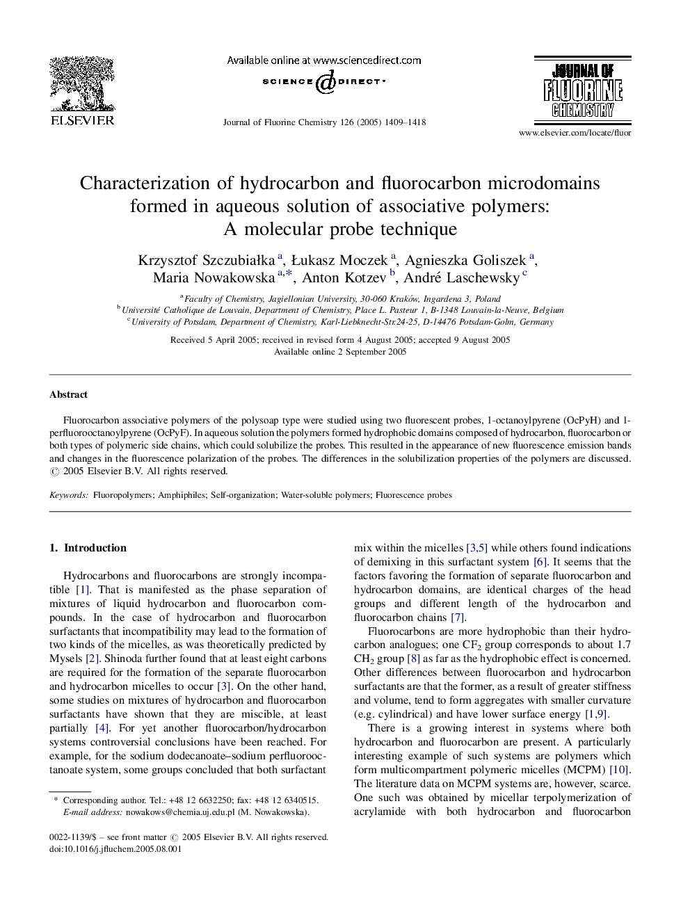 Characterization of hydrocarbon and fluorocarbon microdomains formed in aqueous solution of associative polymers: A molecular probe technique