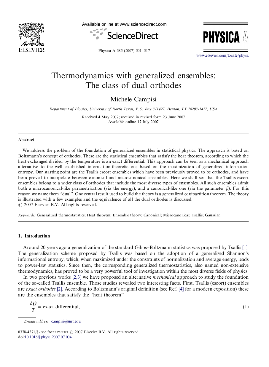 Thermodynamics with generalized ensembles: The class of dual orthodes