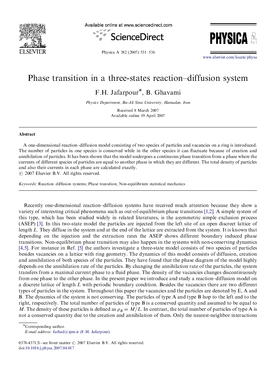 Phase transition in a three-states reaction-diffusion system