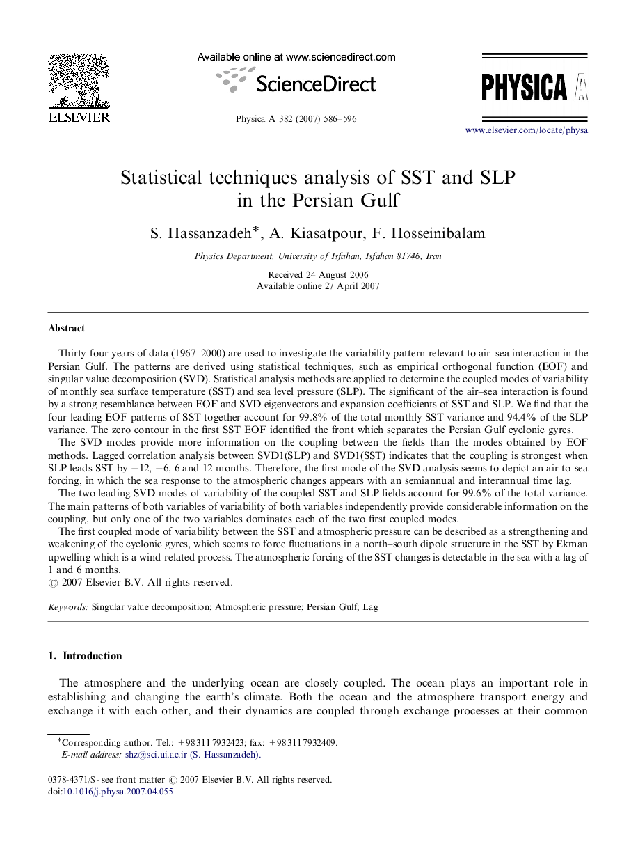 Statistical techniques analysis of SST and SLP in the Persian Gulf