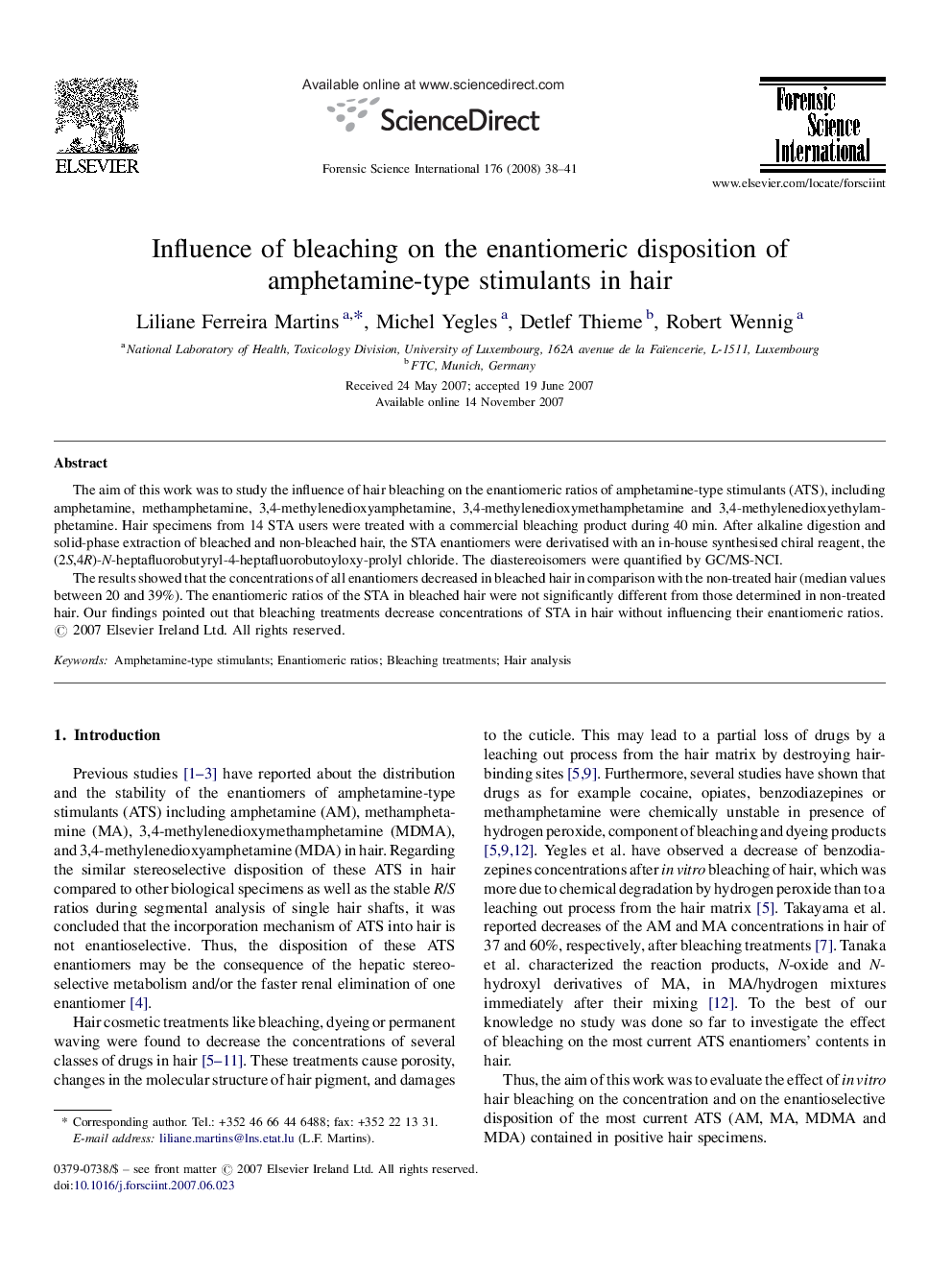 Influence of bleaching on the enantiomeric disposition of amphetamine-type stimulants in hair