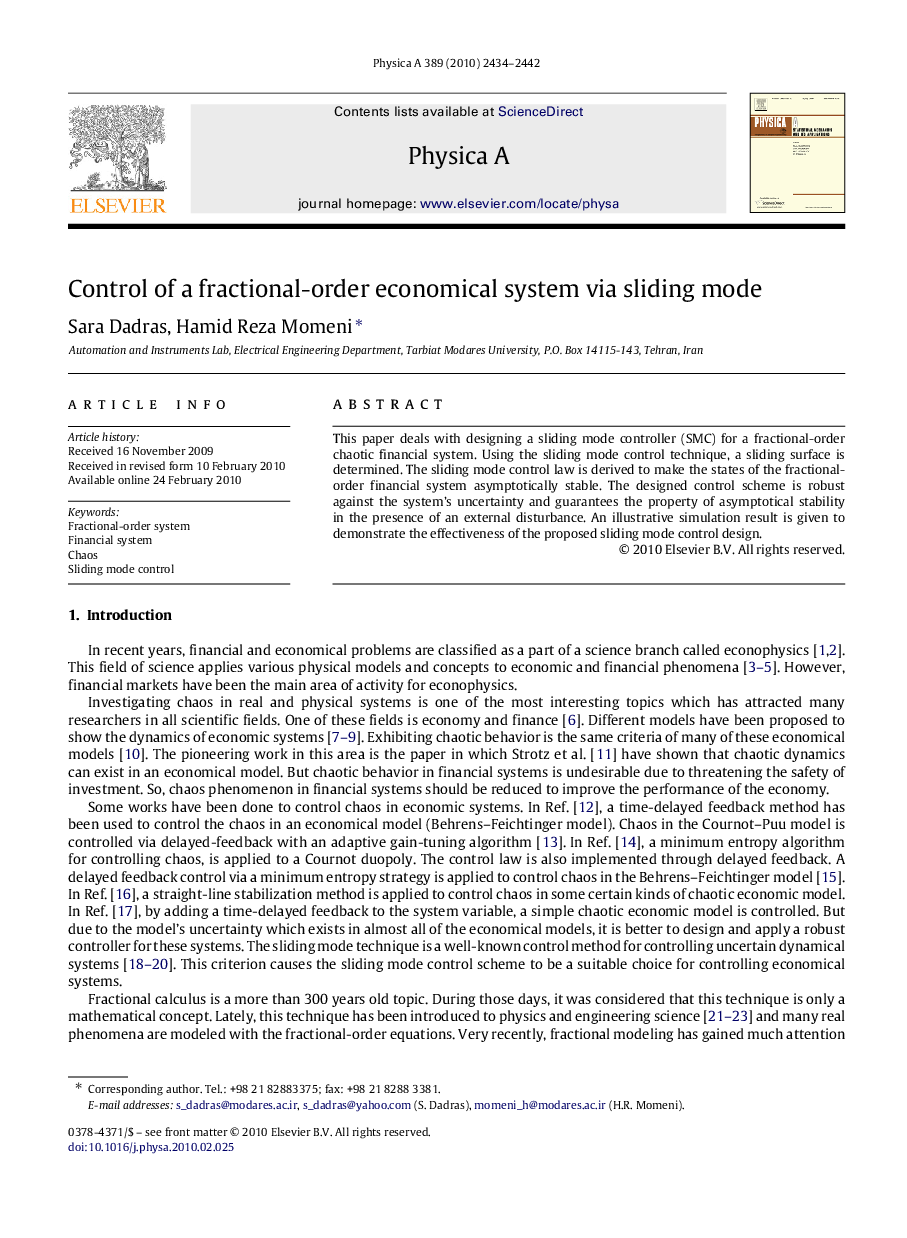 Control of a fractional-order economical system via sliding mode