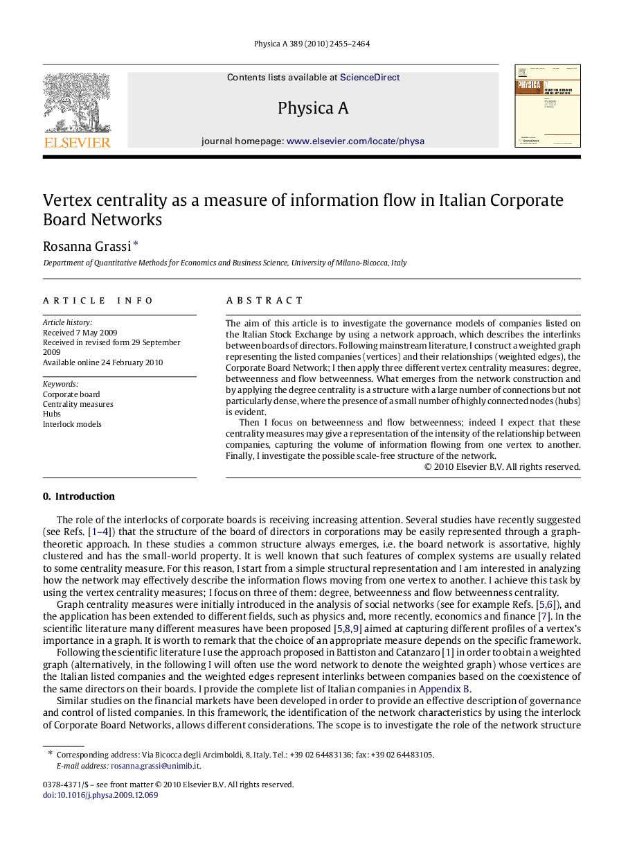 Vertex centrality as a measure of information flow in Italian Corporate Board Networks