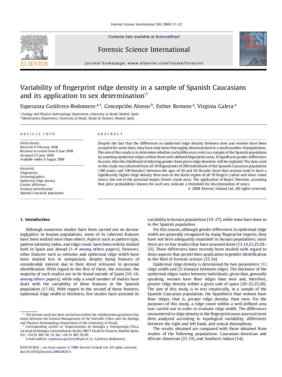 Variability of fingerprint ridge density in a sample of Spanish Caucasians and its application to sex determination 