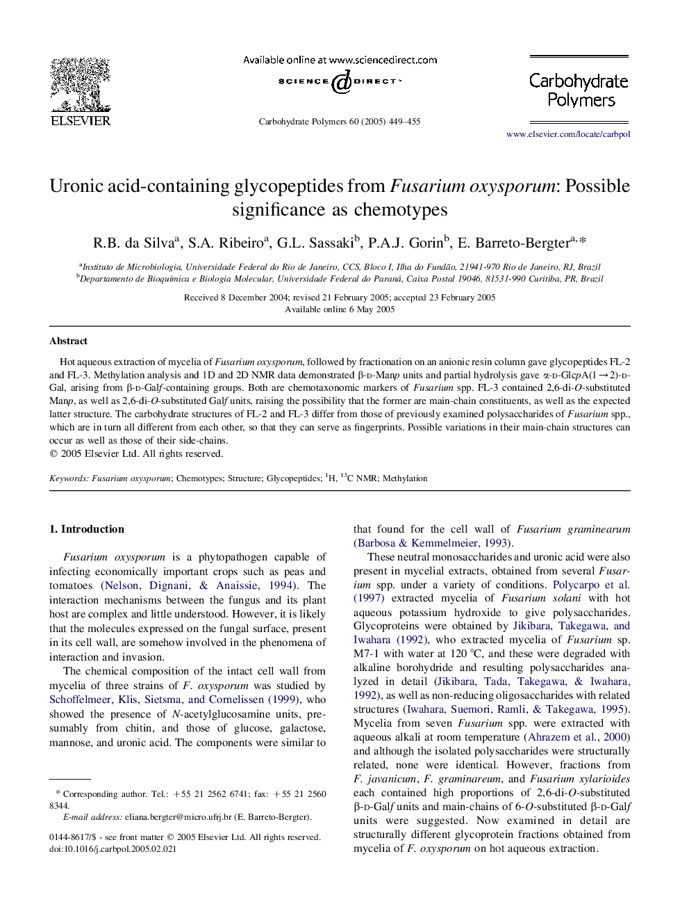 Uronic acid-containing glycopeptides from Fusarium oxysporum: Possible significance as chemotypes