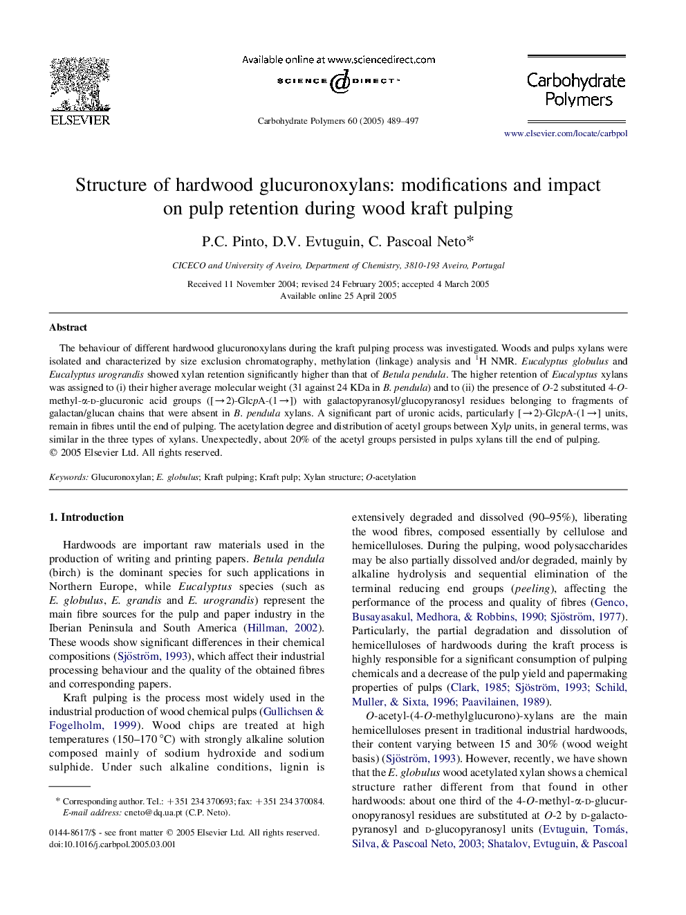 Structure of hardwood glucuronoxylans: modifications and impact on pulp retention during wood kraft pulping