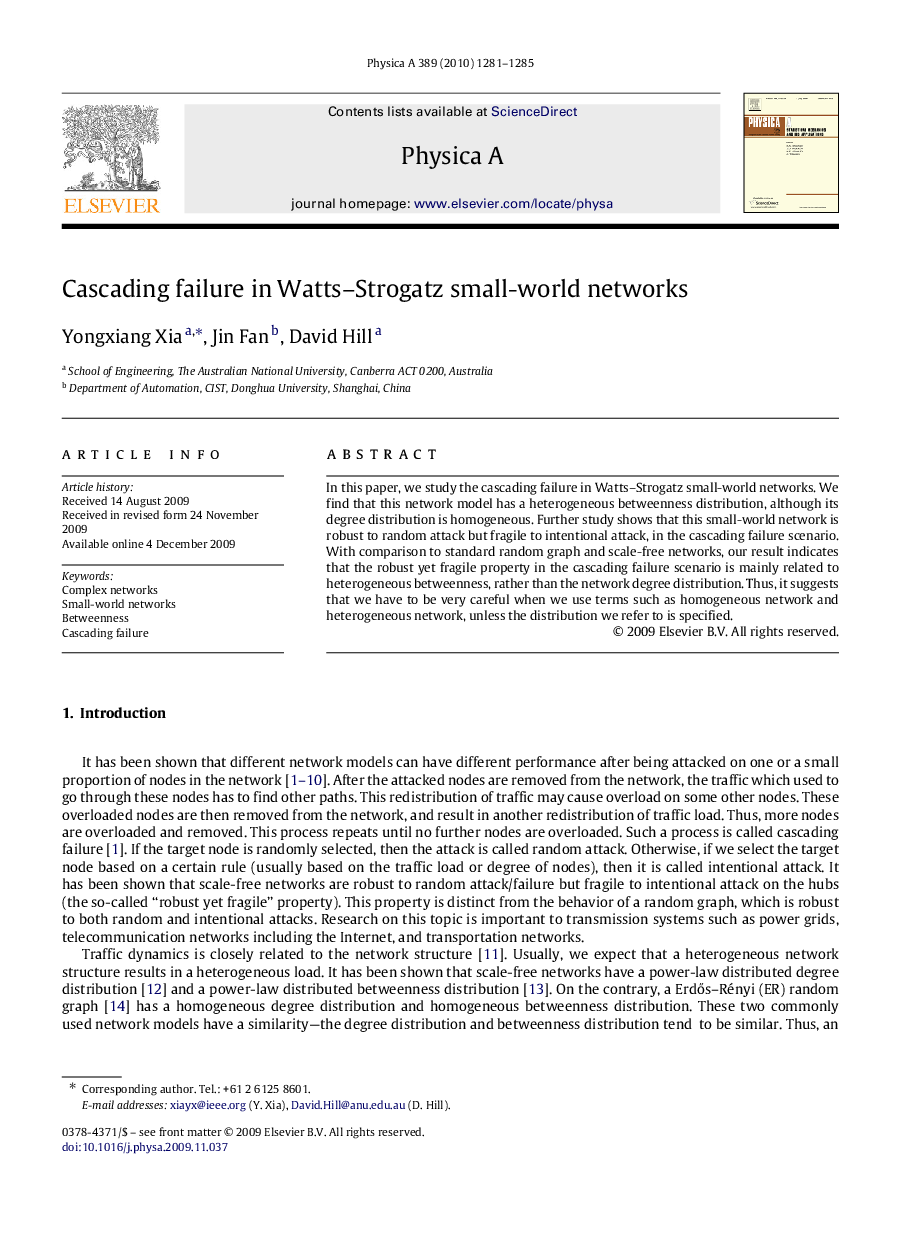 Cascading failure in Watts–Strogatz small-world networks